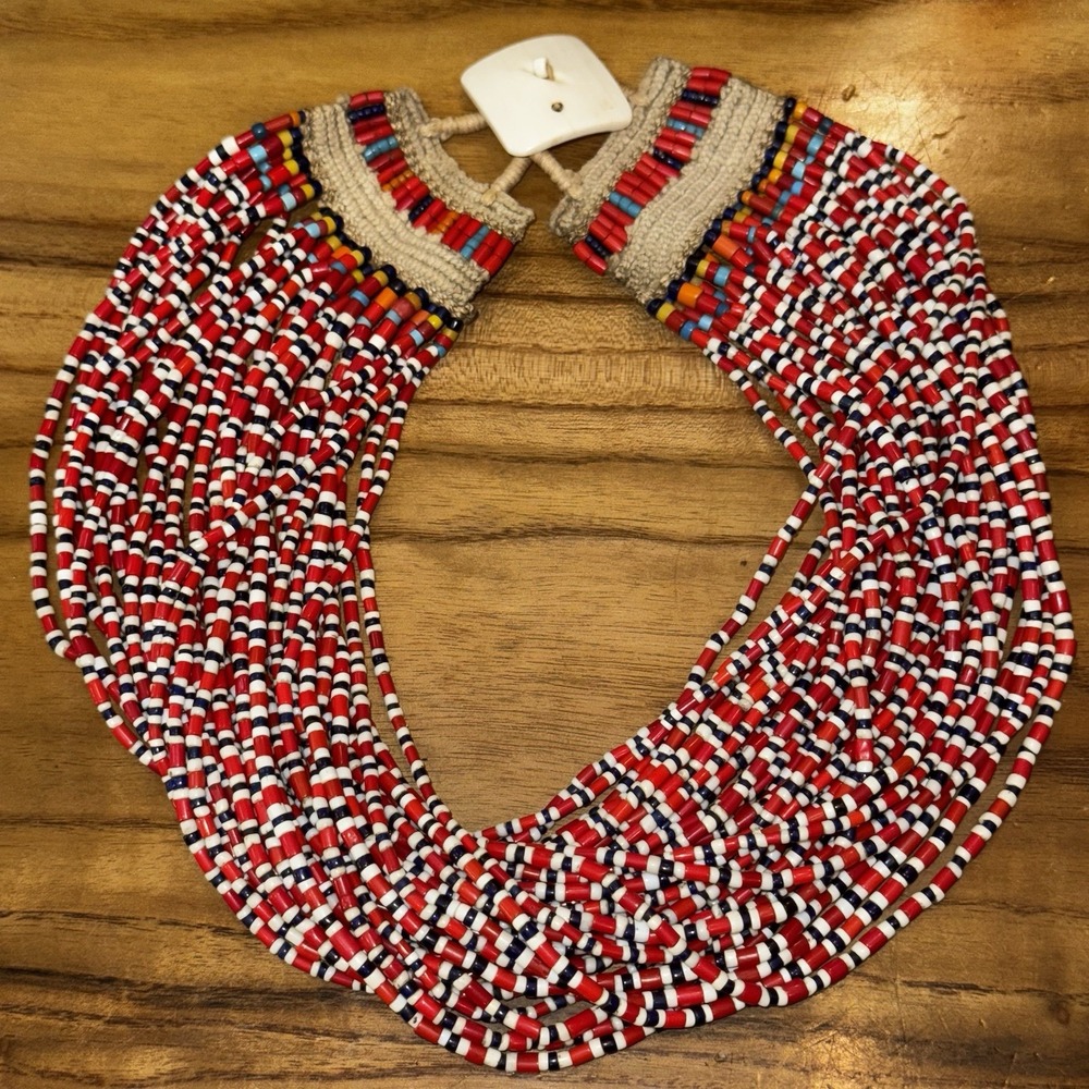 Vtg Nagaland Konyak Tribe Glass Beaded Choker Necklace Red Blue Woven 36-strand